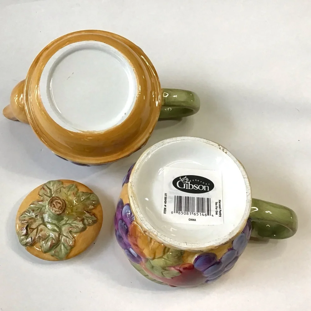 Vintage Gibson Tea For One Stacked Teapot & Cup Set Harvest Pantry Fruit Leaves